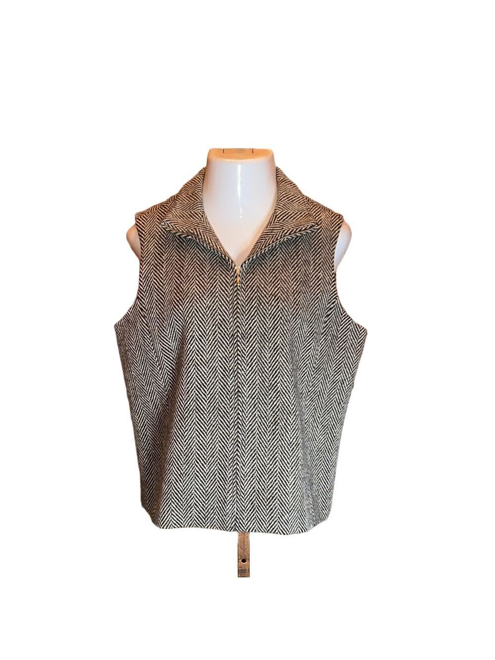 COLDWATER CREEK Gorgeous Wool Black & White Herringbone Print Zip Up Vest Size L